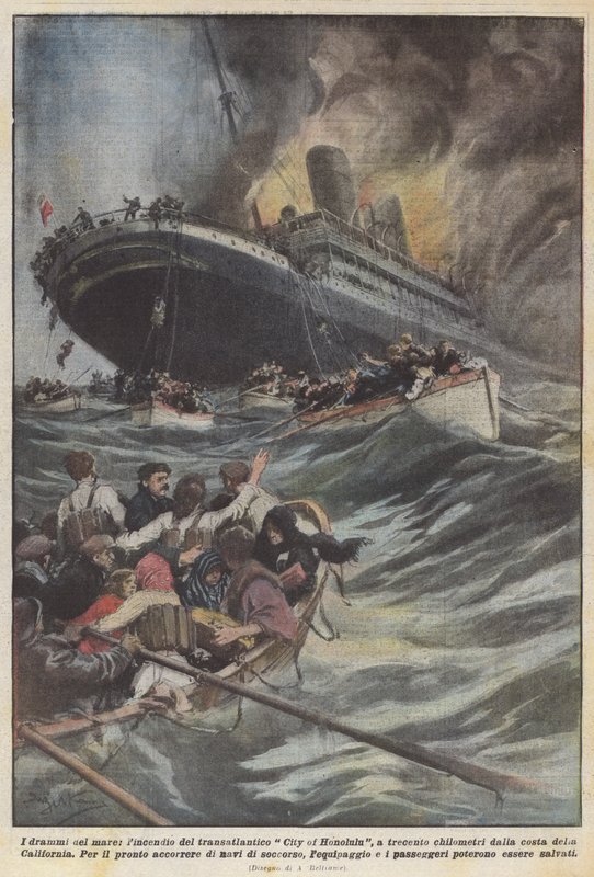 The Dramas of the Sea, the Fire of the Transatlantic City of Honolulu, Three Hundred Kilometers from the ? by Achille Beltrame