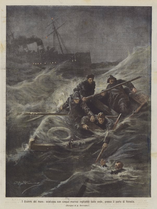 The Dramas of the Sea, Lifeboat with Five Sailors Swallowed by the Waves Near the Port of Venice by Achille Beltrame