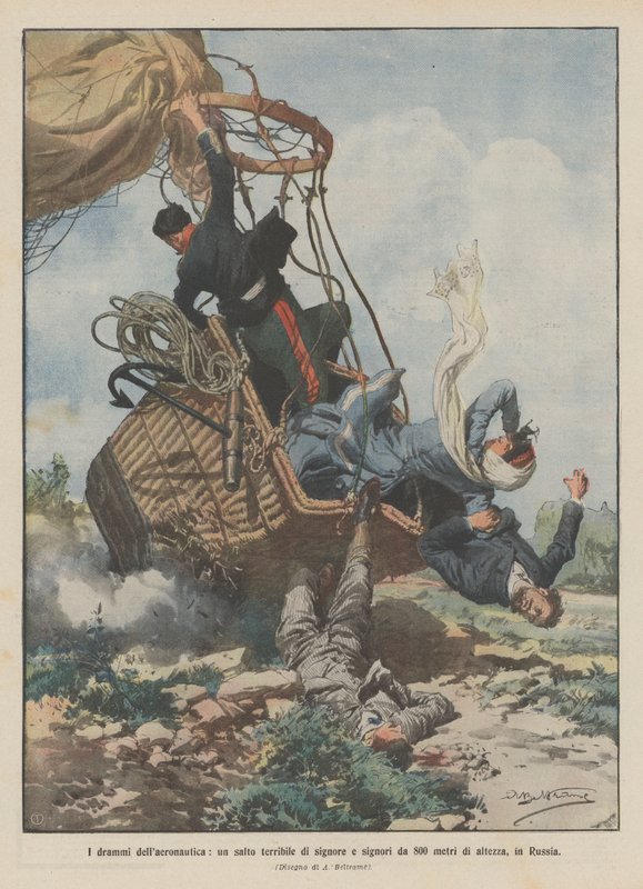The dramas of aeronautics, a terrible jump of ladies and gentlemen from 800 meters high, in Russia by Achille Beltrame
