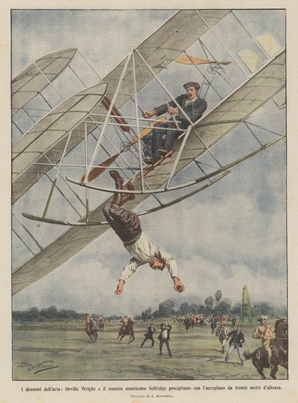 The Dramas of the Air, Orville Wright and American Lieutenant Selfridge Crash with the Airplane by Achille Beltrame