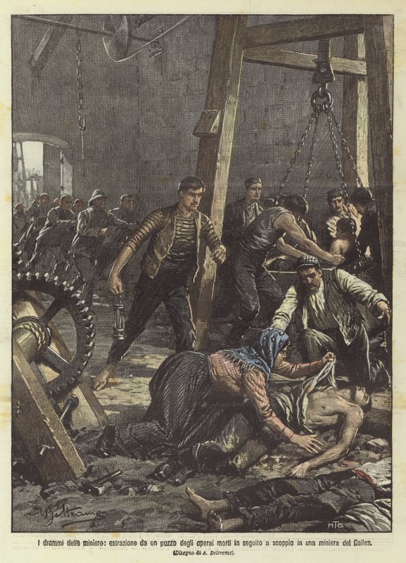 The dramas of the mines, extraction of dead workers from a well following an explosion in a Welsh mine by Achille Beltrame