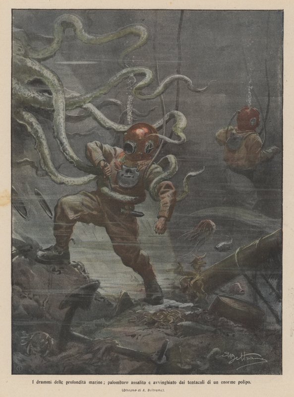 The Dramas of the Deep Sea, Diver Attacked and Entangled by the Tentacles of a Huge Octopus by Achille Beltrame