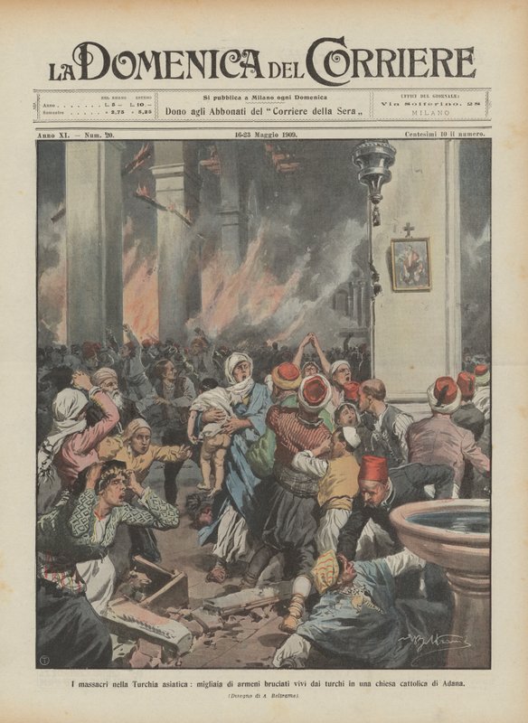 The massacres in Asian Turkey, thousands of Armenians burned alive by Turks in a Catholic church in Adana by Achille Beltrame