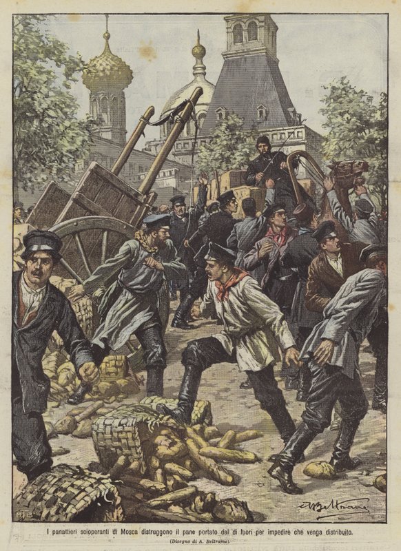 Striking bakers in Moscow destroy bread brought from outside to prevent its distribution by Achille Beltrame