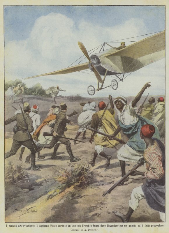 The dangers of aviation, Captain Moizo during a flight between Tripoli and Zuara has to descend by Achille Beltrame