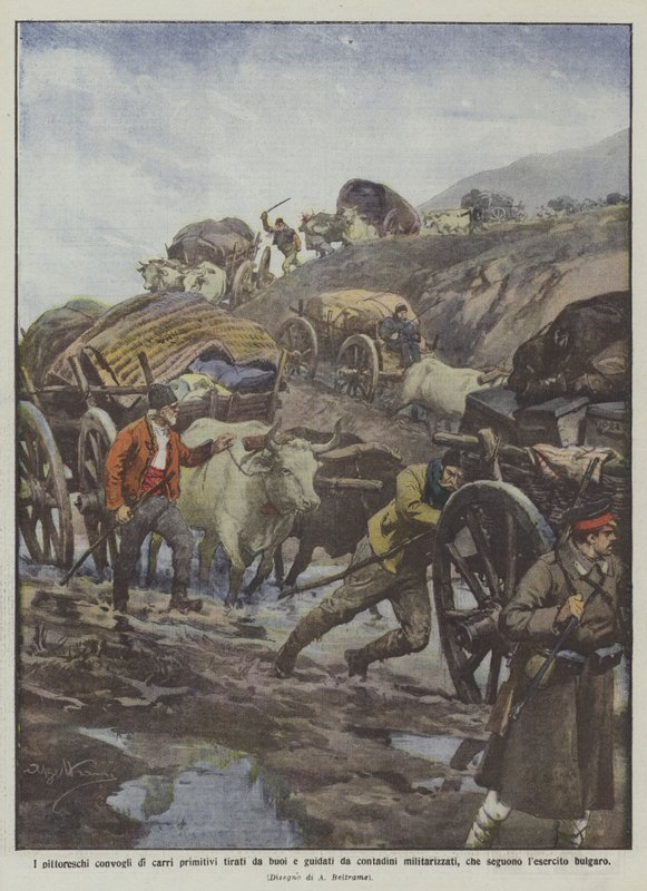 The picturesque convoys of primitive carts pulled by oxen and driven by militarized peasants by Achille Beltrame