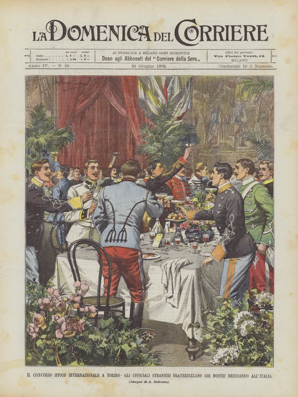 The International Horse Show in Turin, Foreign Officers Fraternizing with Ours Toasting to Italy by Achille Beltrame