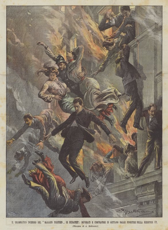 The Dramatic Fire of the Parisian Store in Budapest, Employees and Shoppers Throw Themselves From the Windows by Achille Beltrame