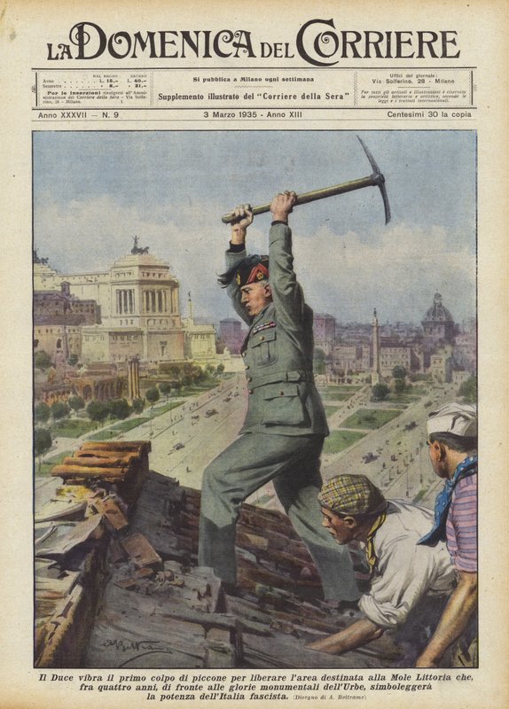 The Duce Strikes the First Pickaxe Blow to Clear the Area for the Littoria Mole by Achille Beltrame