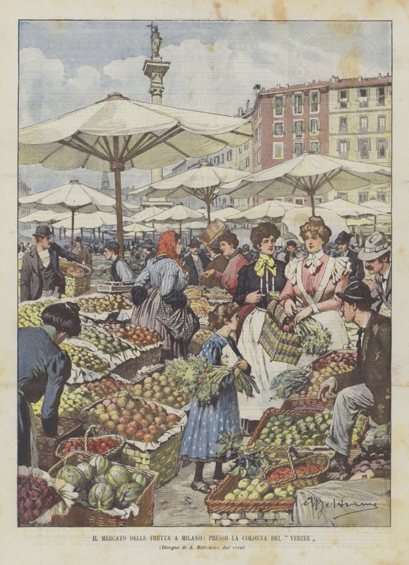 The Fruit Market in Milan, Near the Verzee Column by Achille Beltrame