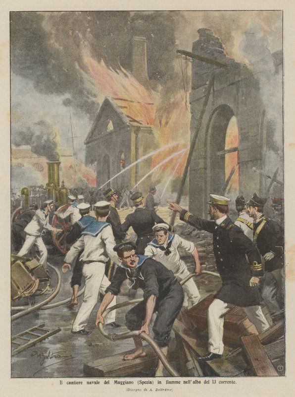 The Muggiano Shipyard (Spezia) on Fire at Dawn on the 13th by Achille Beltrame