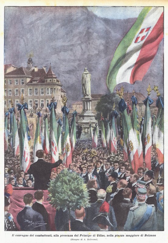 The meeting of the combatants, in the presence of the Prince of Udine, in the main square of Bolzano by Achille Beltrame