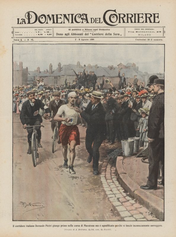 The Italian runner Dorando Pietri arrives first in the marathon but is disqualified by Achille Beltrame