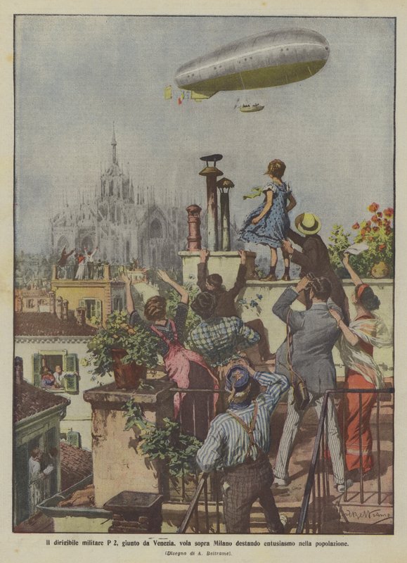 The Military Airship P 2, Arriving from Venice, Flies Over Milan, Enthusing the Population by Achille Beltrame