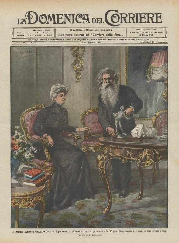 The great sculptor Vincenzo Gemito, after over twenty years of madness, presents to the Queen by Achille Beltrame
