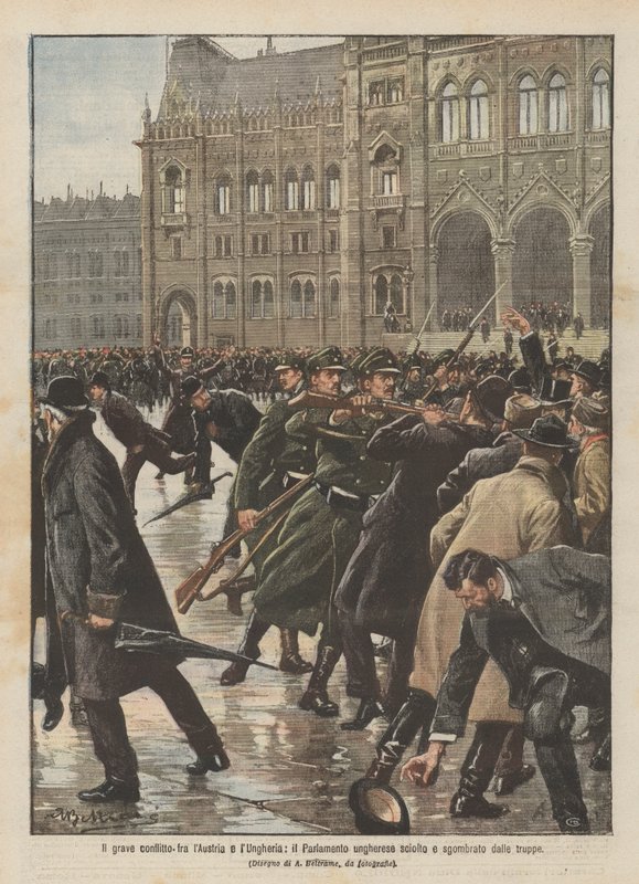 The Serious Conflict Between Austria and Hungary, the Hungarian Parliament Dissolved and Cleared by Troops by Achille Beltrame