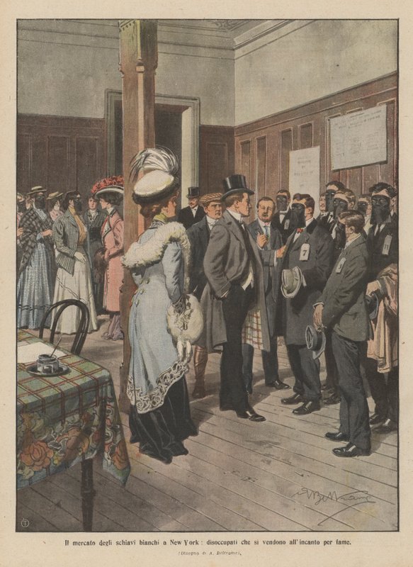 The white slave market in New York, unemployed selling themselves for hunger (colour litho) by Achille Beltrame