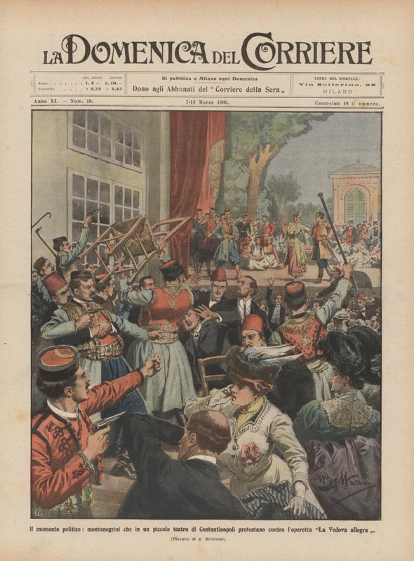 The Political Moment, Montenegrins Protesting in a Small Theater in Constantinople by Achille Beltrame