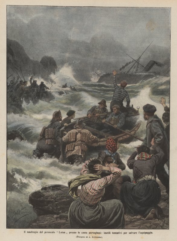 The shipwreck of the steamer Luisa off the Portuguese coast, futile attempts to save the crew by Achille Beltrame