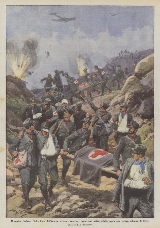 The Barbaric Enemy, On the Isonzo Line, Austrian Aviators Shoot with Machine Guns Over a by Achille Beltrame