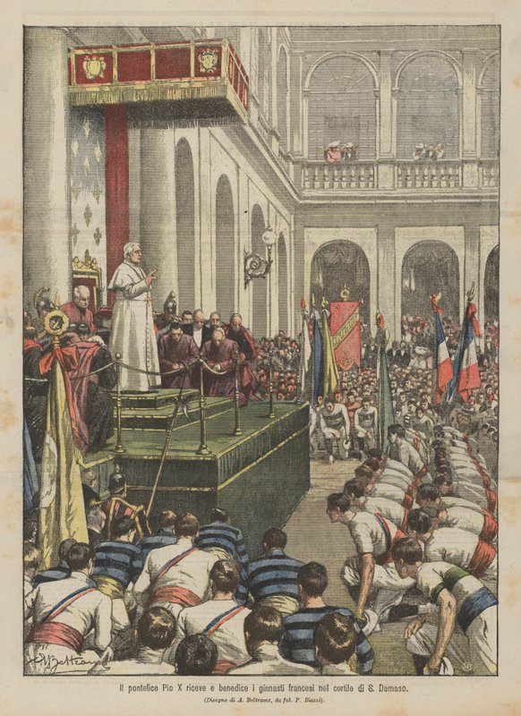 Pope Pius X receives and blesses French gymnasts in the courtyard of St. Damasus by Achille Beltrame