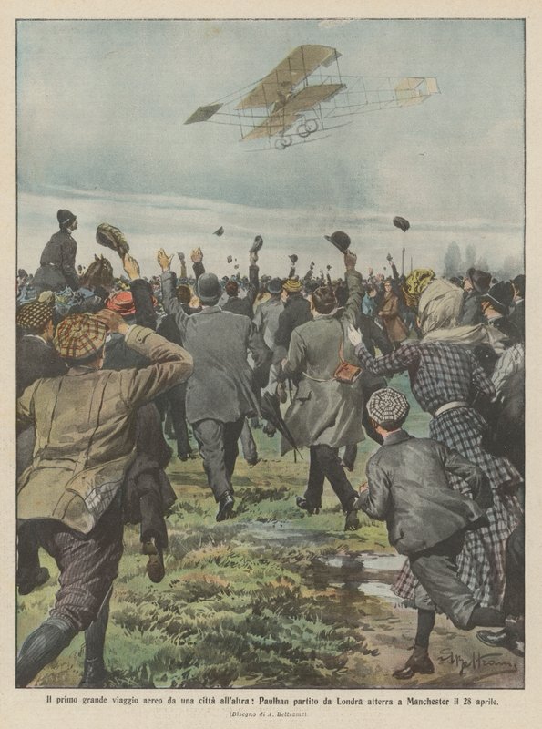 The first great air journey from one city to another, Paulhan departed from London lands in Manchester on April 28 by Achille Beltrame