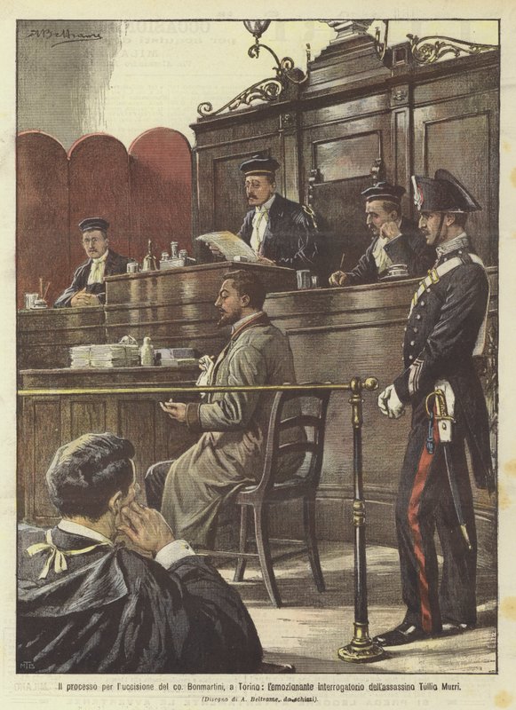 The trial for the murder of Count Bonmartini in Turin, the emotional interrogation of the assassin Tullio Murri by Achille Beltrame