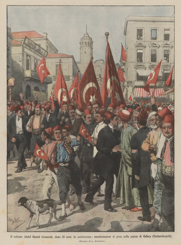 Sultan Abdul Hamid regrants the constitution after 32 years, manifestations of joy by Achille Beltrame