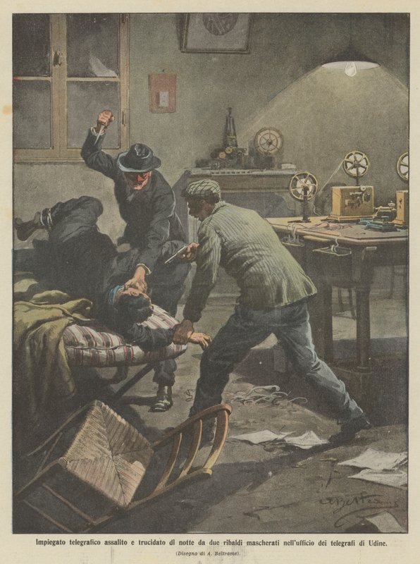 Telegraph employee assaulted and slaughtered at night by two masked ruffians in the telegraph office of Udine by Achille Beltrame