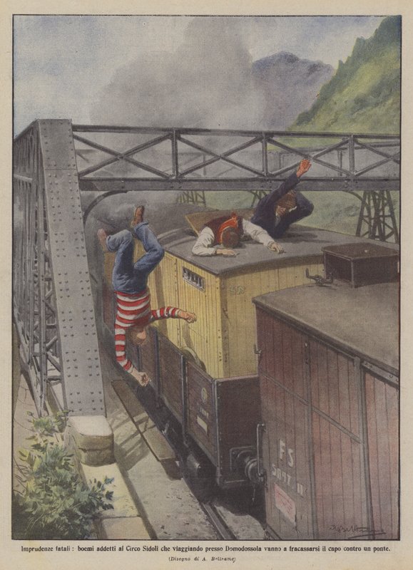 Fatal imprudence, Bohemians working for the Sidoli Circus traveling near Domodossola by Achille Beltrame