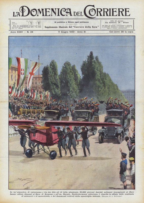 In an Atmosphere of Enthusiasm and Among Two Dense Crowds of Applauding People, 25,000 Young Fascists by Achille Beltrame