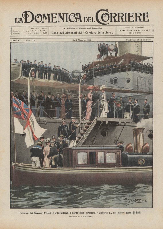 Meeting of the Sovereigns of Italy and England aboard the battleship Umberto I in the small port of Baja by Achille Beltrame