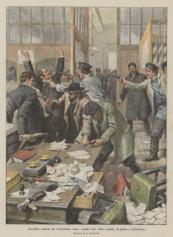 Incredible Audacity of Russian Revolutionaries, Assault on a Post Office in Broad Daylight in St. Petersburg by Achille Beltrame