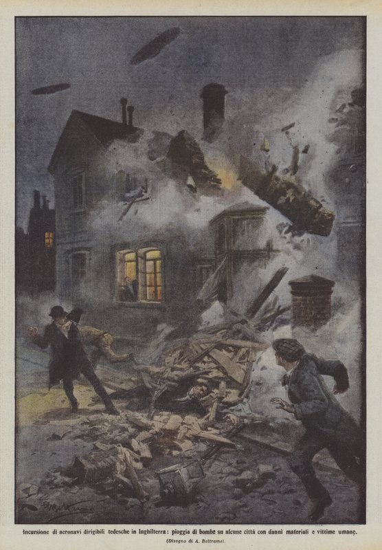 Incursion of German airships in England, rain of bombs on some cities by Achille Beltrame