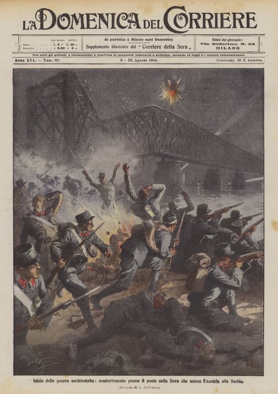 Beginning of the Austro-Serbian War, Battle Near the Bridge on the Sava Connecting Austria to Serbia by Achille Beltrame