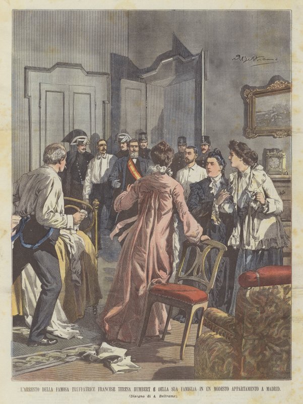 The Arrest of the Famous French Swindler Teresa Humbert and Her Family in a Modest Apartment in Madrid by Achille Beltrame