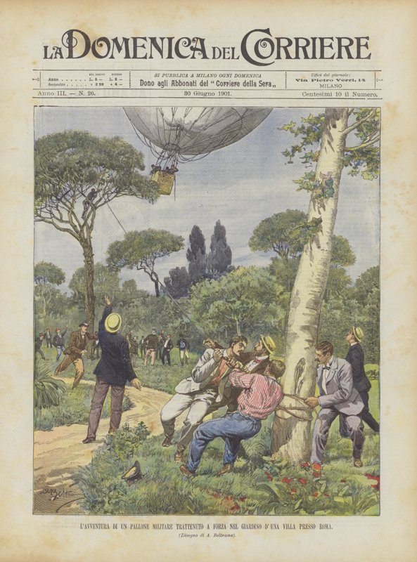 The Adventure of a Military Balloon Forcibly Held in the Garden of a Villa Near Rome by Achille Beltrame