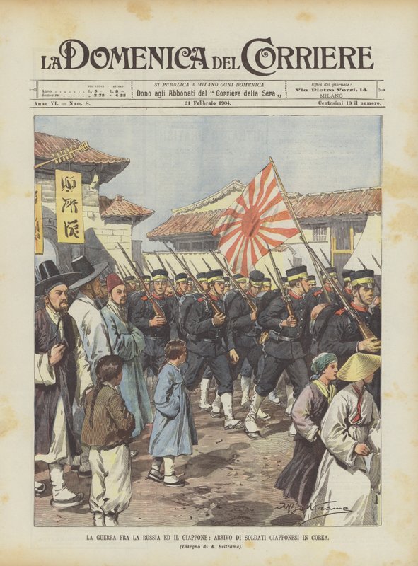 The War Between Russia and Japan, Arrival of Japanese Soldiers in Korea by Achille Beltrame