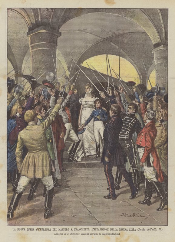 The New Opera Germania by Maestro A. Franchetti, the Appearance of Queen Louise (finale of Act II) by Achille Beltrame