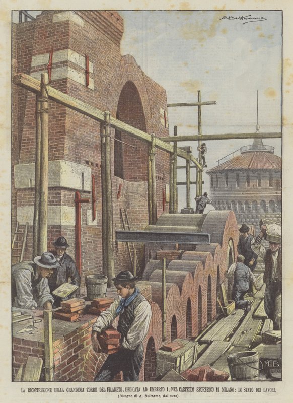 The Reconstruction of the Grand Tower of Filarete, Dedicated to Umberto I, in the Sforza Castle by Achille Beltrame