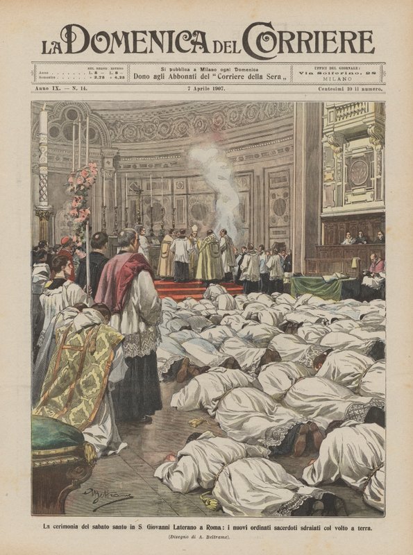 The Holy Saturday Ceremony in St. John Lateran in Rome, the Newly Ordained Priests Lying Face Down by Achille Beltrame