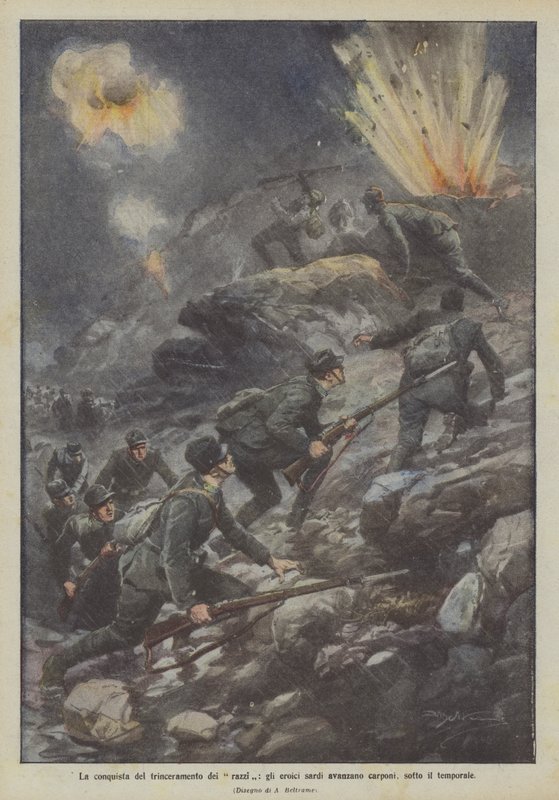 The Conquest of the Trench of Rockets, the Heroic Sardinians Advance Crawling, Under the Storm by Achille Beltrame