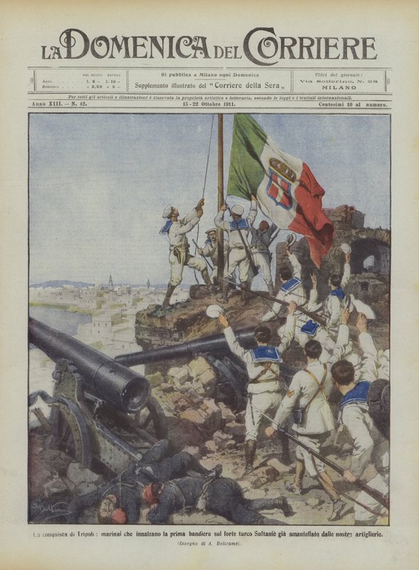 The Conquest of Tripoli, Sailors Raising the First Flag on the Turkish Fort Sultanie Already by Achille Beltrame