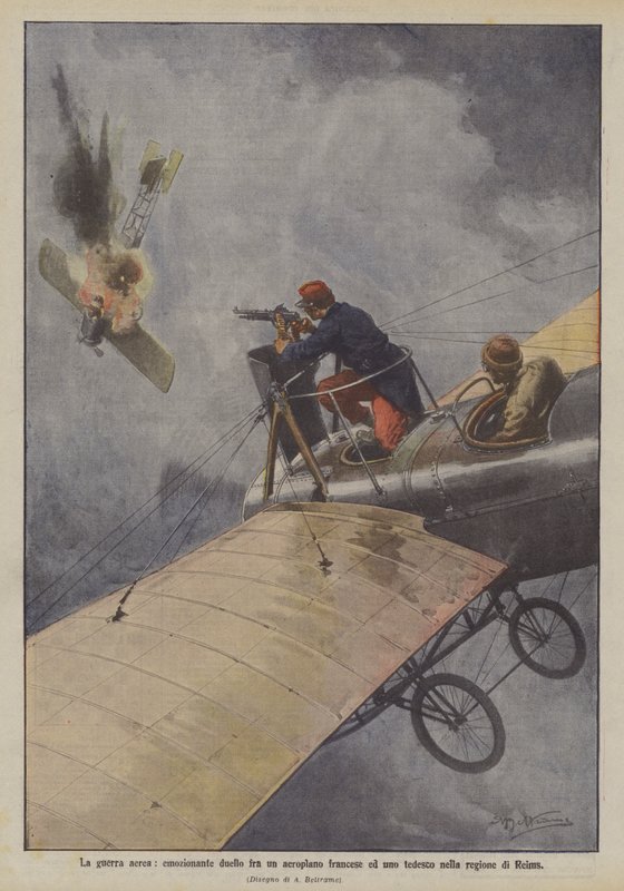 Aerial Warfare, Thrilling Duel Between a French Airplane and a German Airplane in the Reims Region by Achille Beltrame