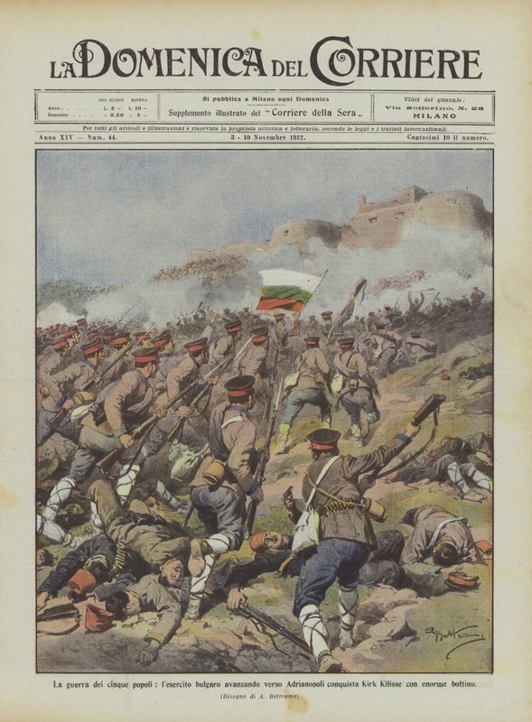 The war of the five peoples, the Bulgarian army advancing towards Adrianople conquers Kirk Kilisse by Achille Beltrame