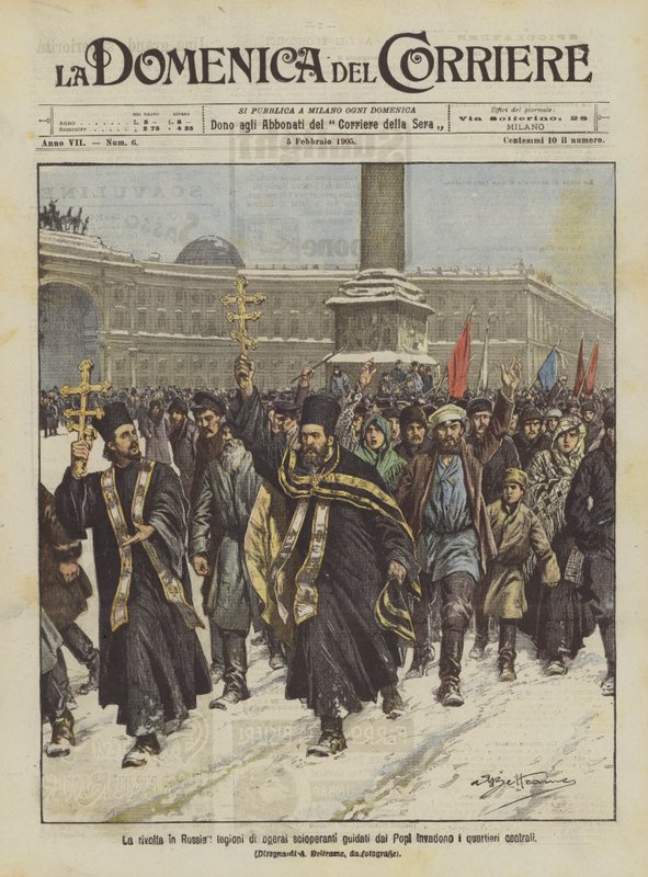 The revolt in Russia, legions of striking workers led by priests invade the central districts by Achille Beltrame