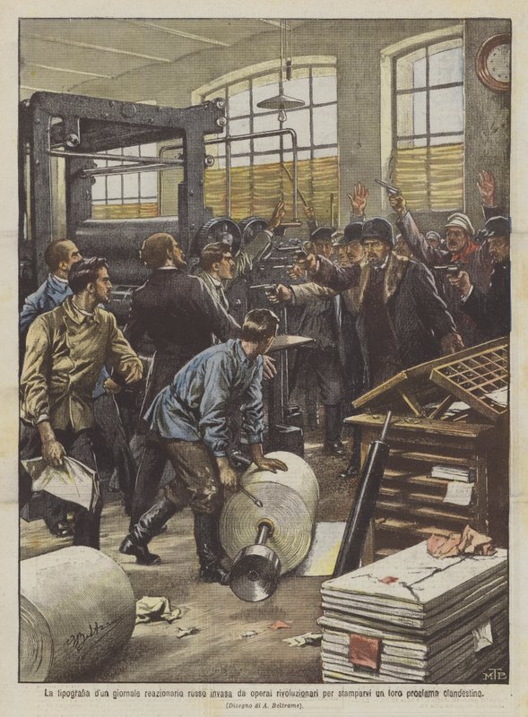 The Printing House of a Russian Reactionary Newspaper Invaded by Revolutionary Workers to Print Their Own by Achille Beltrame