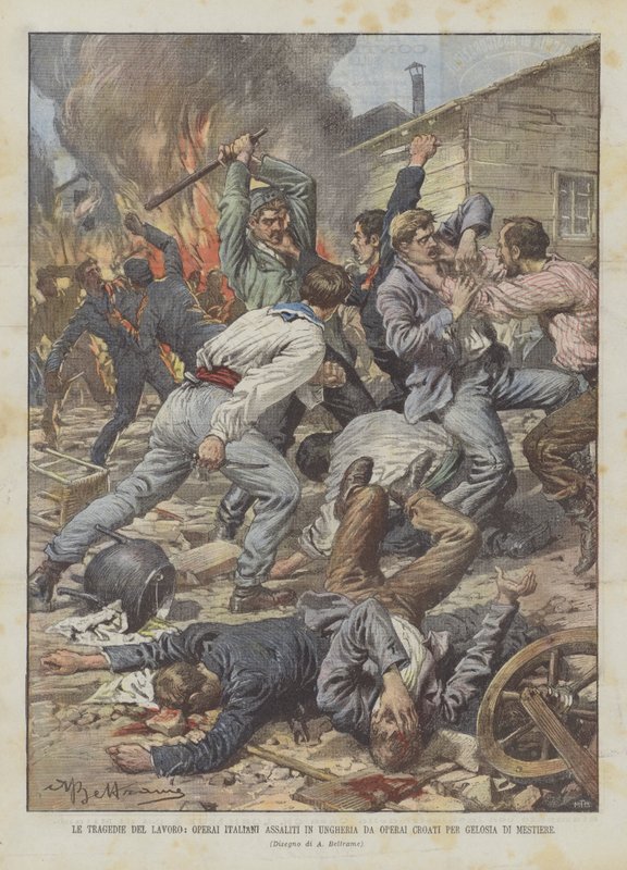 The Tragedies of Labor, Italian Workers Attacked in Hungary by Workers Out of Professional Jealousy by Achille Beltrame