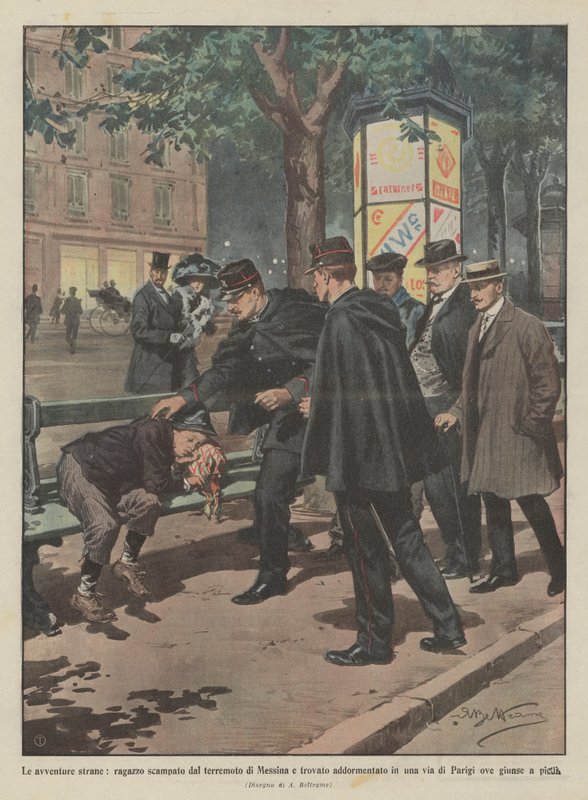 Strange adventures, boy escaped from the Messina earthquake and found asleep in a street by Achille Beltrame