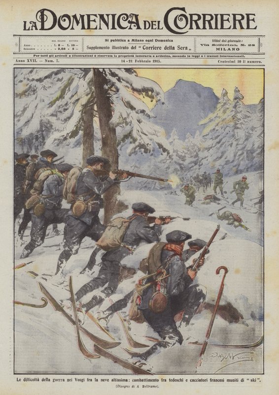 The difficulties of war in the Vosges among the deep snow, combat between Germans by Achille Beltrame